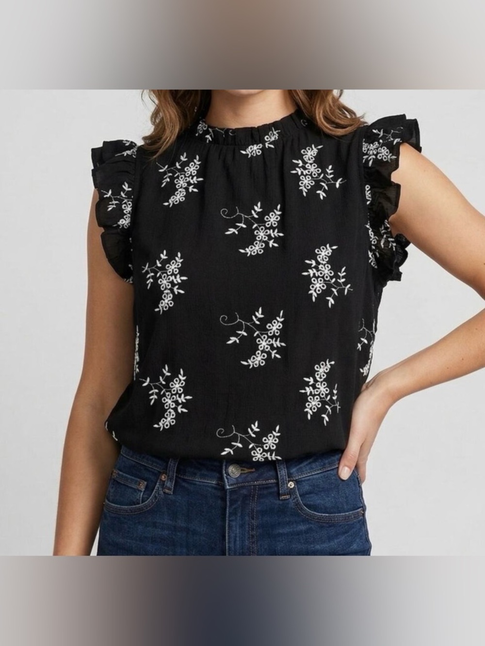 Ophelia Roe Embroidered Eyelet Blouses- White & Black, White & Black. - Picture 2 of 9